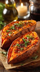 Thanksgiving celebrations on a budget, roasted sweet potatoes with paprika and fresh herb garnish, affordable plant-based holiday side dish served in cozy candlelit rustic kitchen