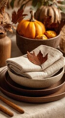 Thanksgiving celebrations on a budget, minimalist fall table setting with rustic ceramic plate, folded napkin and dried leaf decor, warm neutral tones and nature-inspired holiday flatlay