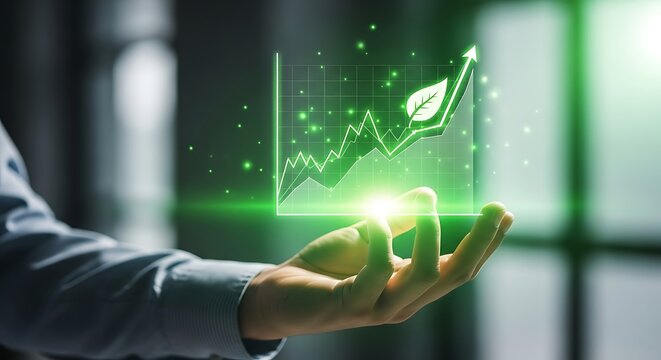 A businessperson presents a green growth chart with a leaf icon, symbolizing sustainable business practices and environmental responsibility, emphasizing ecofriendly development