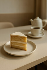 A slice of cake and cup of tea on a table in a cafe