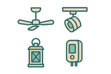 Different types of lighting and cooling fixtures including a ceiling fan, spotlight, lantern, and thermostat