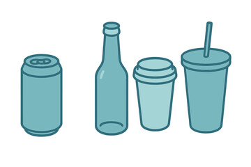 Various types of beverage containers including cans, bottles, and cups arranged in a simple layout