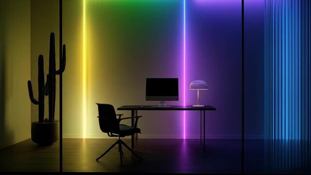 Modern office interior with colorful neon light and cactus decoration