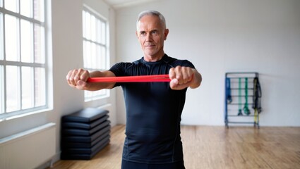Senior man exercising with a resistance band in a fitness studio. Space for text.
