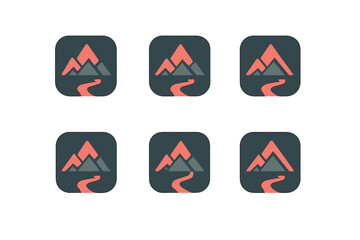 Stylized mountain icons featuring peaks, pathways, and unique design elements for apps and digital platforms