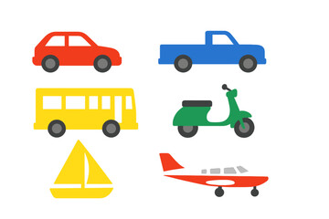 Various modes of transportation including car, truck, bus, scooter, boat, and airplane displayed in colorful illustrations