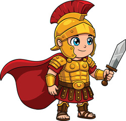 Cartoon Roman soldier illustration, young gladiator character, golden armor costume, red cape, short sword, friendly warrior design, ancient history theme, playful children artwork