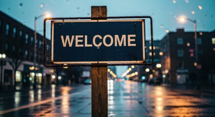 Welcome sign stands on a rainy street in a bokeh-blurred, dark urban setting