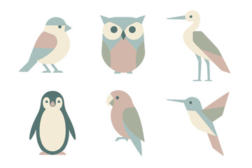 Colorful illustrations of various birds and a penguin showcasing unique designs and shapes in a playful style