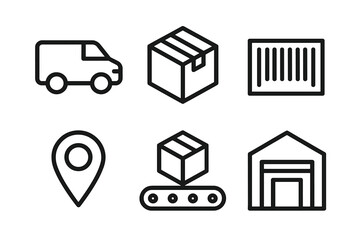 Delivery process featuring delivery van, package, barcode, location pin, conveyor belt, and warehouse