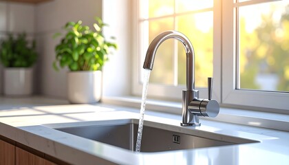Modern kitchen faucet with sunlight highlights fresh herbs, clean countertop, and flowing water, creating a bright, inviting cooking and cleaning space.