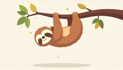 Cartoon Sloth Hanging from Branch in Pixel Art Style with Foliage and Tan Background