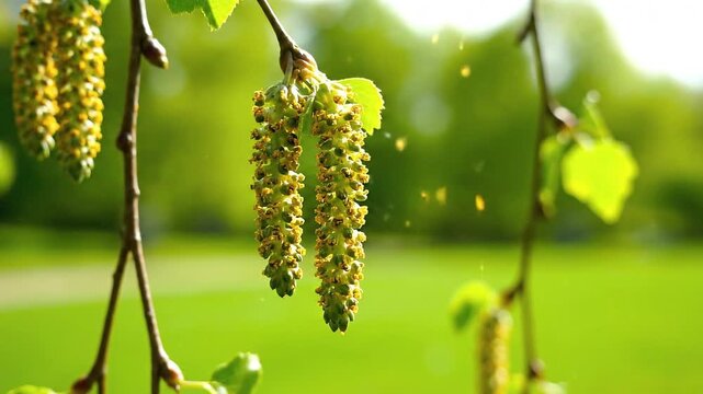 Birch catkins dangle from branches showcasing a green and sunny outdoor setting
