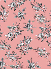 Elegant seamless floral pattern. hand-drawn black and white flower bouquets with leaves on a pink background. fabric prints, fashion apparel, wallpaper, gift wrap, and modern textile designs.