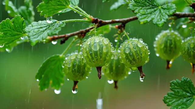 Green leaves and gooseberries are covered with water droplets, emphasizing the freshness of the gooseberries. Raindrops hang from the gooseberries on the branch, enhancing their gr