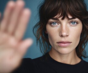 A woman with a serious expression, her hand forming a stop gesture against a muted teal background.