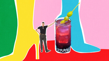 Modern digital artwork. Man posing with large cocktail glass against colorful background. Concept of nightlife culture, surreal drink posters, creative party energy and modern art.