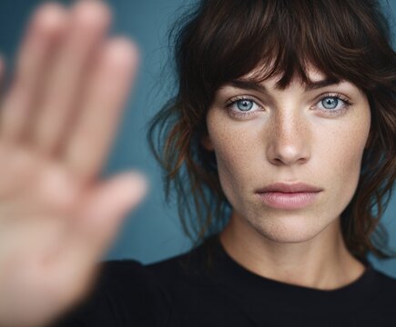 A woman with a serious expression, her hand forming a stop gesture against a muted teal background.