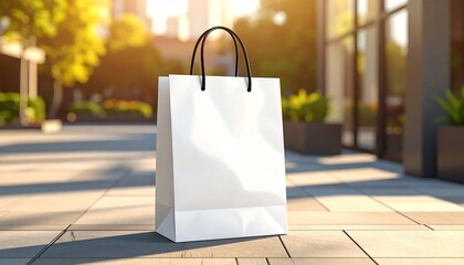 Minimalist white shopping bag sunlight highlights clean design, modern retail atmosphere, and eco-friendly packaging in a bright, contemporary indoor space.