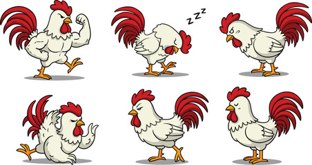 Cartoon rooster character set, funny chicken mascot, farm animal illustration, various poses, flexing, sleeping, walking, angry, cute expression Art & Illustration