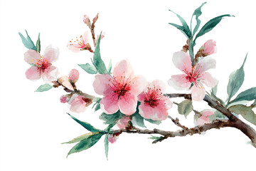 Obraz premium Watercolor Painting of Cherry Blossoms on a Branch Illustrating Spring and Renewal with Delicate Pink Petals
