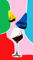 Surreal composition with noses floating above red wine glass on abstract background. Concept of wine tasting, sensory experience, playful visual art and bold lifestyle expression.