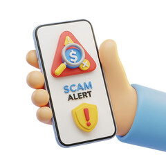 3D Scam Alert Notification Smartphone Icon for Security Awareness Isolated on Transparent Background png