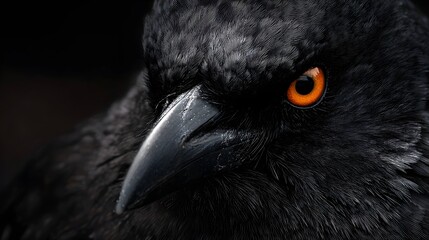 Obraz premium Intense showcases the piercing stare of a black bird, revealing detailed textures of feathers and beak against a shadowy background, emphasized by a striking orange eye, conveying a sense of mystery.