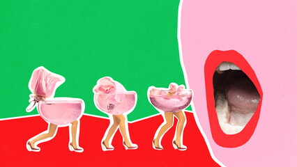 Collage of walking pink cocktails with flowers entering giant mouth on bright background. Concept of nightlife surrealism, humor in drinks, experimental fashion and pop culture art.