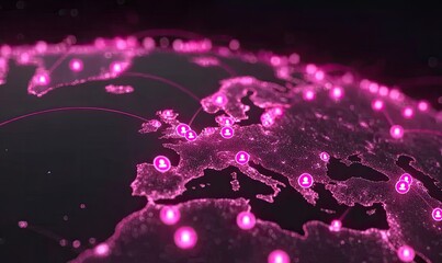 Global network map of Europe, highlighted in vibrant pink