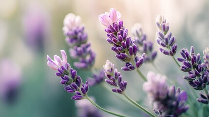 Fototapeta premium Blooming lavender flowers display a soft, blurred background, highlighting the vibrant purple and pink hues of the fragrant blossoms under natural sunlight, evoking a peaceful and serene mood in a ...