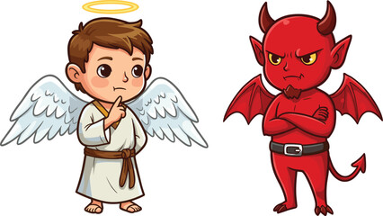 Cute cartoon angel and devil characters, good vs evil concept, moral dilemma illustration, innocence and temptation, heavenly vs hellish debate Cute cartoon angel and devil characters