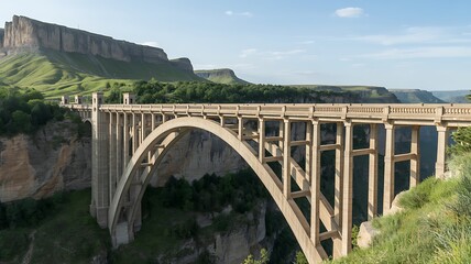 Majestic concrete arch bridge spanning a vast canyon under a clear blue sky