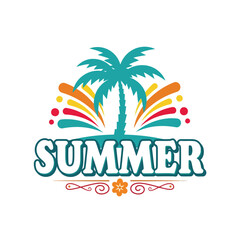Vector art of summer themed design featuring a palm tree, vibrant colors and playful typography evoking a sense of tropical vacation and fun