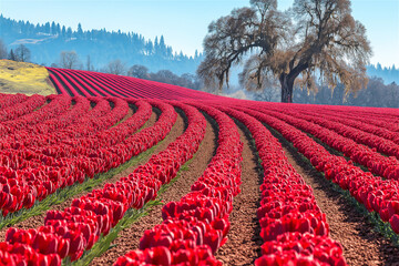 Stunning landscape of a vast tulip field with vibrant red flowers stretching in perfect geometric rows, a lone tree standing against a misty blue horizon, creating a breathtaking natural scene.