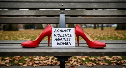 Red high heels and a sign against violence against women on a park bench.