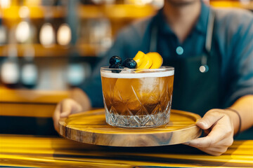 Expertly crafted cocktail with a yellow garnish, served in a classic glass on a wooden tray, showcasing professional bartending and mixology skills.