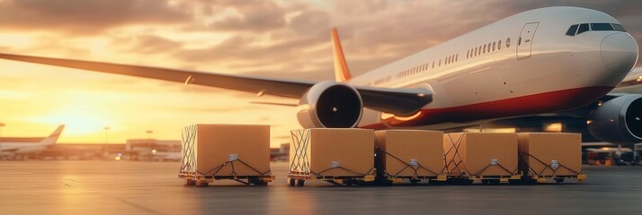 Cargo airplane ready to deliver goods, concept air mail freight ,air, import export logistic .Sunset