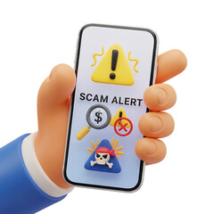 3D Scam Alert Notification Smartphone Icon for Security Awareness Isolated on Transparent Background png