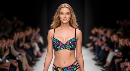 Fashion model on the catwalk presenting a new swimwear collection at a fashion show