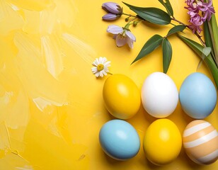 Easter Eggs and Flowers on Yellow Background.