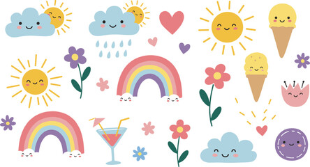 Cute kawaii cartoon summer icons with sun, clouds, rain, flowers, hearts, rainbow, ice cream, drink, pastel colors, kidsCute kawaii cartoon summer icons with sun