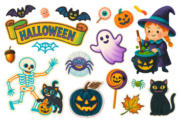 Fototapeta premium Halloween Clip Art Cute Cartoon Set with Witch, Pumpkin, Cat, Ghost, Bat and Candy Isolated on White with Clipping Path