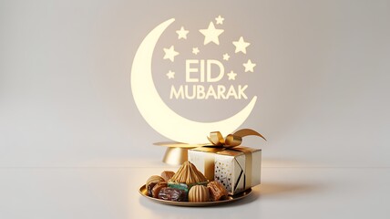 Vibrant eid mubarak celebration with crescent moon and gift box