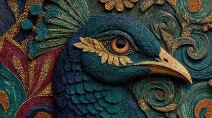 Fototapeta premium Blue and green peacock mosaic with detailed patterns