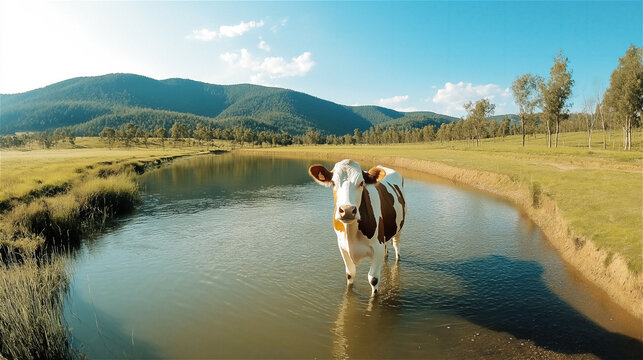 Cow standing by water in mountain valley. Single brown and white cattle near scenic stream with grassy landscape and mountains creating rural farming environment.