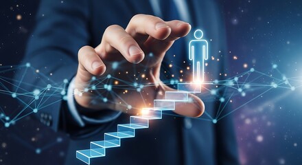 The businessman shows the steps of the ladder of success to the top concept of business development, career growth and achievement of goals in business and life