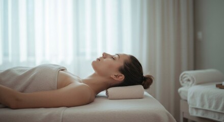 Woman relaxing, wrapped in towel, lying on a bed in a light-filled room