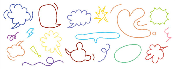 Colorful comic doodle elements | hand drawn pastel speech bubbles, boom effects and cartoon motion vector set