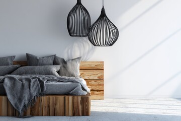 Modern bedroom with wood bed, grey bedding, and unique hanging lamps